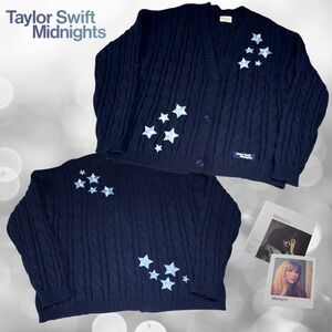 Taylor Swift Midnights Cable Knit Cardigan Star Embroidery Navy Blue 3XL/4XL